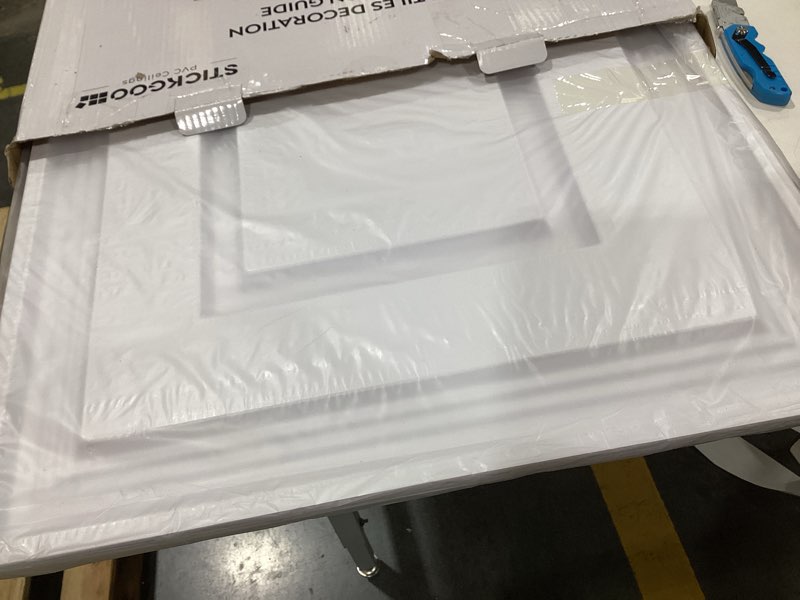Condition photo showing As Is for stickgoo pvc ceiling tiles, 2'x2' glue up ceiling panel white to prevent breakage cover 48 sq. ft, pack of 12 tiles 24"x24" white