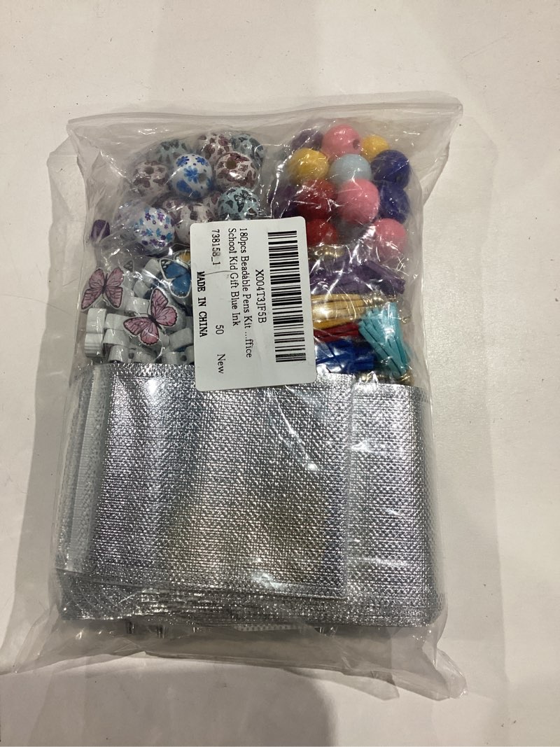 Condition photo showing New/Like New for 180pcs Beadable Pens Kit Butterfly Bead Plastic Ballpoint Pen with Assorted Spacer Bead Tassel Lobster Clasp & Packaging Bag Fancy Beaded Pens for DIY Keychain Making Office School Kid Gift Blue Ink
