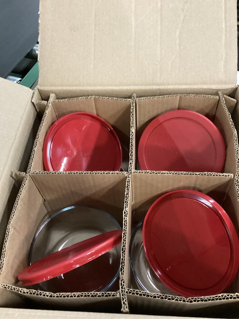 Condition photo showing Good Condition for Anchor Hocking SnugFitTM Round Food Storage Containers with Lids (4-Piece, 4-cup, Red, oven-safe) Red 4 Cup