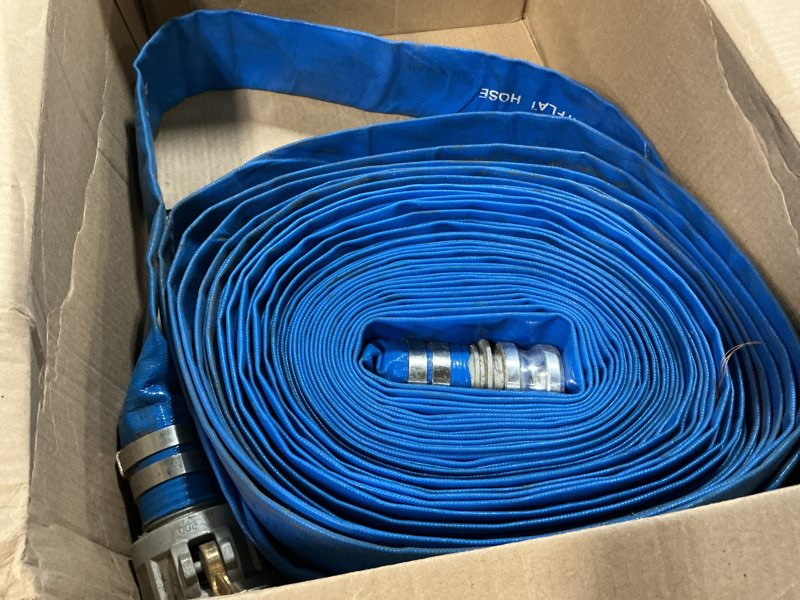 Condition photo showing As Is for davco 2" id × 100 ft pool backwash hose, heavy duty reinforced blue pvc lay flat water discharge pump hoses for swimming drain pools and clean filters, with aluminum camlock c and e fittings