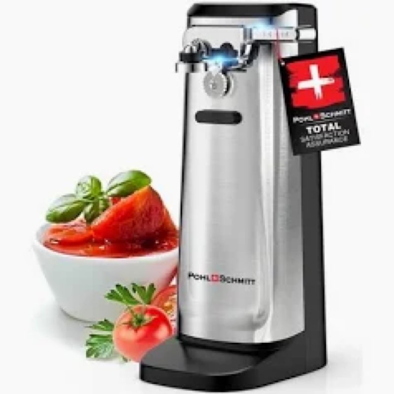 POHL SCHMITT Electric Can Opener, Knife Sharpener & Bottle Opener, Easy Push Down Lever, Works with Standard And Pop-Top Cans, Durable Stainless Steel & ABS