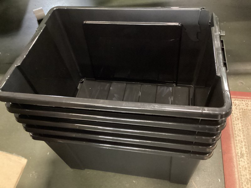 Condition photo showing As Is for ( incomplete 5 pack only ( with crack ) IRIS USA 20 Gallon Lockable Storage Bins with Lids, 6 Pack - Made in USA, Heavy Duty, Stackable Containers, Garage Organizing Bins Moving Tubs, Rugged Sturdy Equipment Utility Box - Black Black 20 Gal 6 Pack