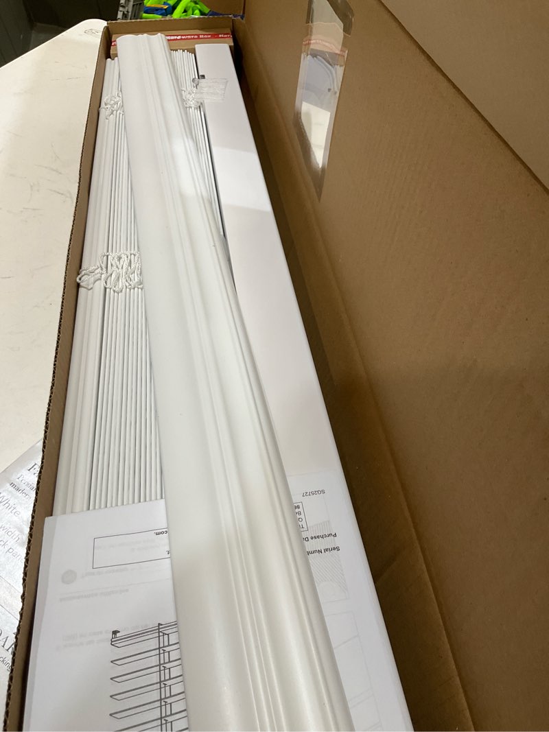 Condition photo showing Good Condition for allen + roth trim at home 2-in slat width 34-in x 64-in cordless white faux wood room darkening horizontal blinds