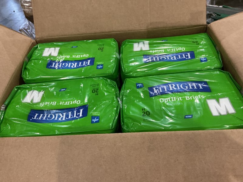 Condition photo showing Good Condition for fitright ultra heavy absorbency adult diapers for men & women, waist size: medium 32-44 inches, optifit incontinence disposable briefs with leak protection for seniors, 80 count medium 80 count