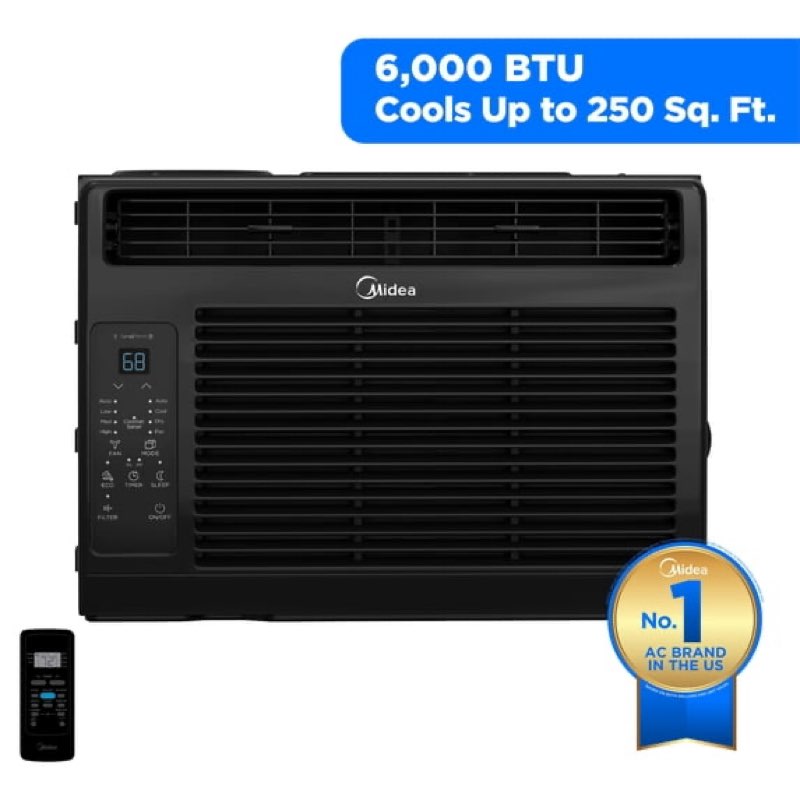 midea 6 000 btu 115v window air conditioner with comfort sense remote  up to 250 sq. ft.  black  maw06r1wbl-t  new
