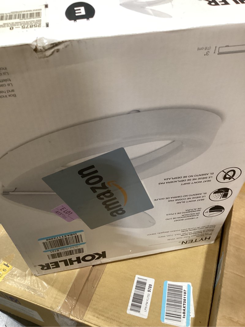 Condition photo showing New/Like New for kohler 25875-0 hyten 3" height, elevated soft close elongated toilet seat, contoured seat with grip-tight bumpers, quick-attach hardware, no slam toilet seat, white white elongated