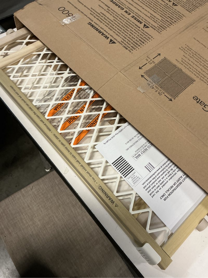 Condition photo showing Good Condition for Toddleroo by North States Diamond Mesh Wooden Baby Gate: 26.5"- 42" Wide. Pressure Mounted Baby Gate for Doorway. (23" Tall, Sustainable Hardwood)