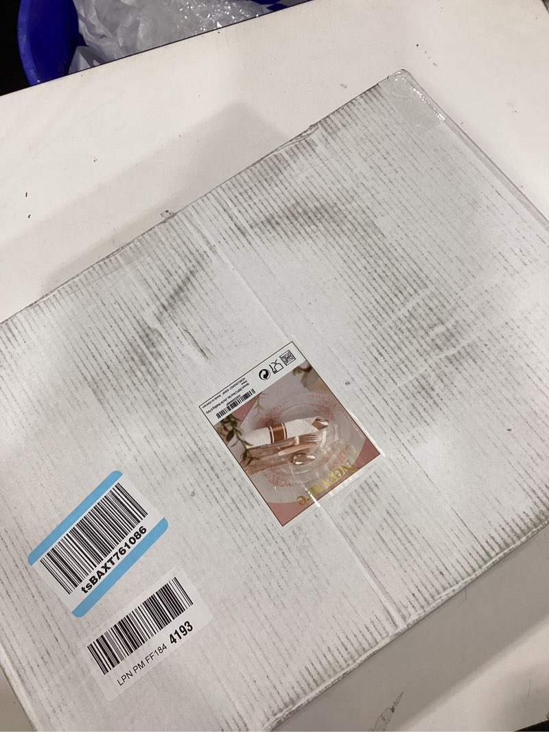 Condition photo showing As Is for Nervure 350PCS Rose Gold Plastic Plates - Rose Gold Plastic Dinnerware Sets for 50 Guests - 100 Disposable Plates, 150 Silverware, 50 Cups, 50 Napkins Perfect for Wedding & Party & Easter White and Rose Gold 50