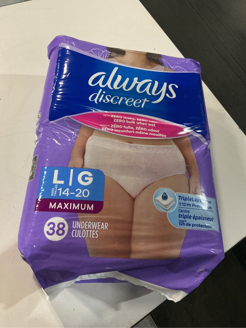 Condition photo showing New/Like New for always discreet adult incontinence underwear for women and postpartum underwear, large, up to 100% bladder leak protection, 38 count large 38
