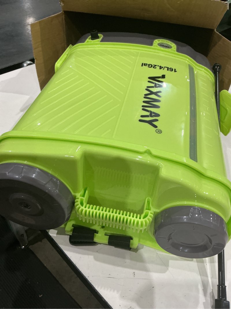 Condition photo showing As Is for battery powered backpack sprayer 3.2 gallon, vaxmay 80 psi electric graden sprayer works with makita 18v battery, weed lawn sprayer with telescopic wand, 5 nozzles, 2.0 ah battery & charger included