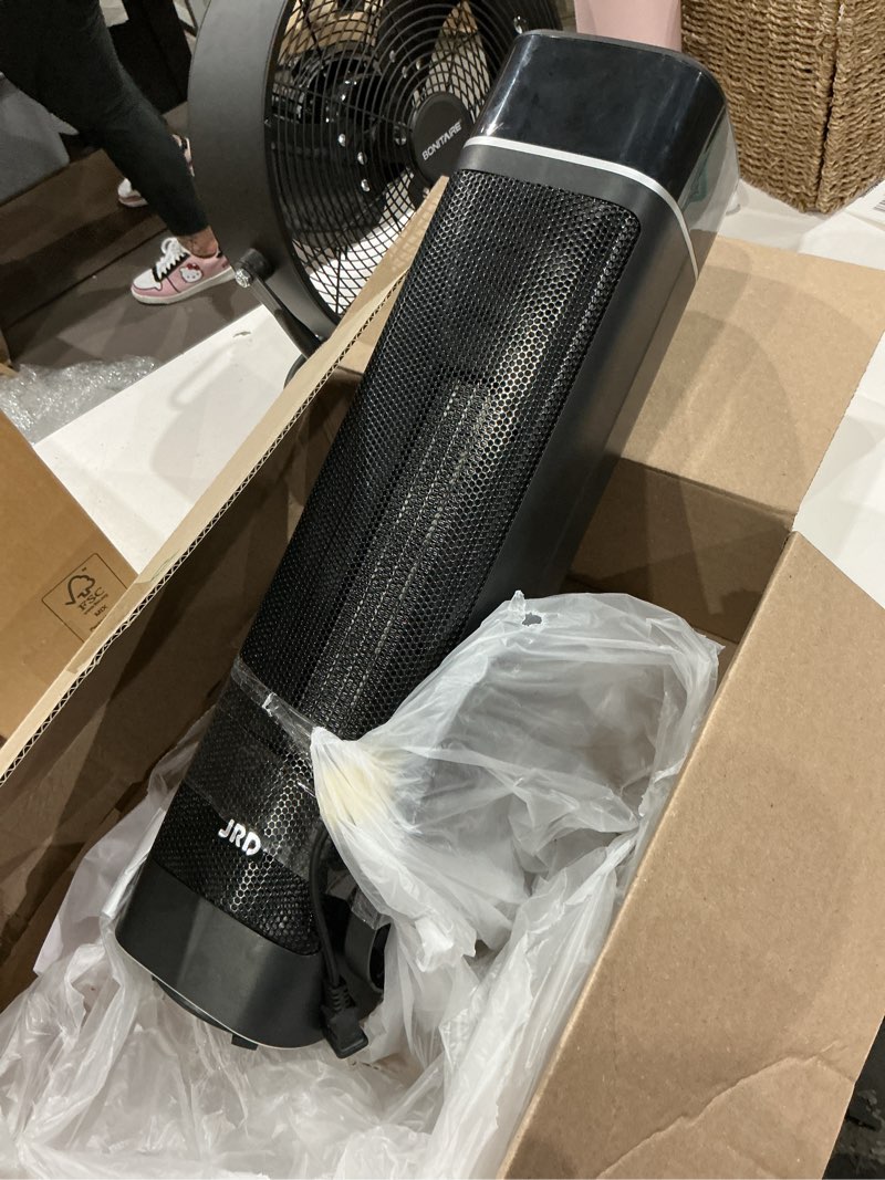 Condition photo showing As Is for 24" space heater, jrd fast heating portable electric heater with remote, night light, 80° oscillation,4 mode, overheat&tip-over protection, ceramic heat for bedroom office indoor