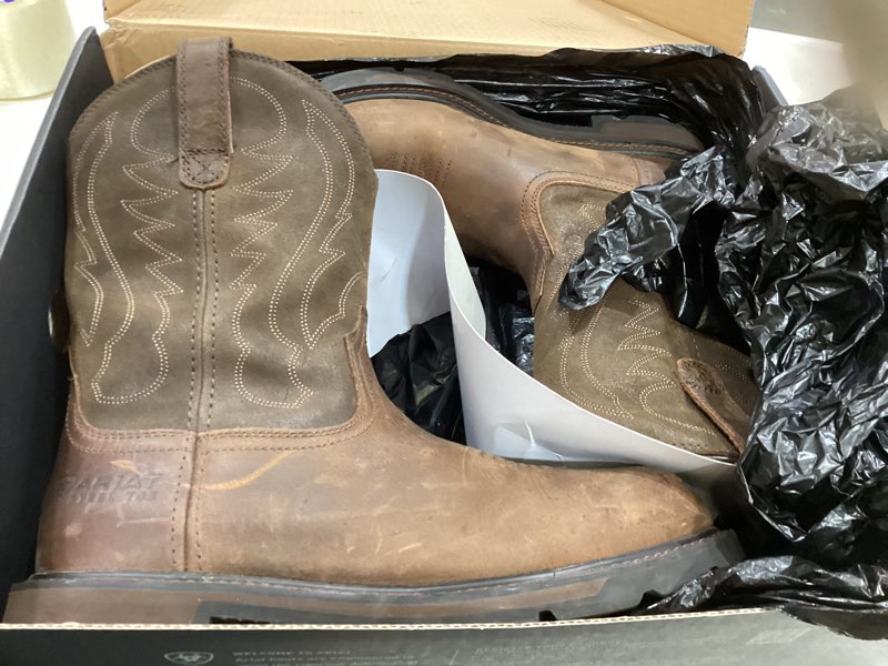 Condition photo showing As Is for ariat groundbreaker steel toe work boot – men’s wide calf, western work boots 11 brown