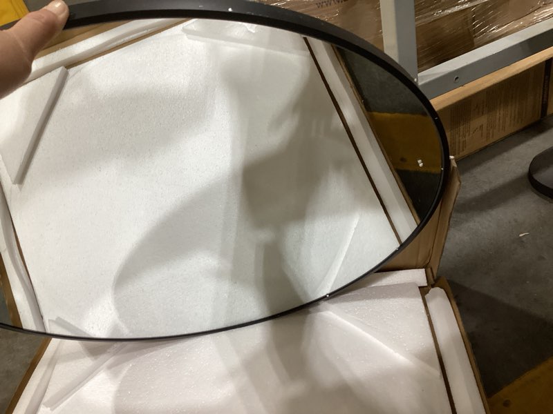 Condition photo showing Good Condition for bathroom mirror for wall, 24 inch round mirror, matte black metal framed circle vanity mirror for bathroom bedroom living room entryway, anti-rust, tempered glass, hanging or leaning round 24"l x 24"w matte black