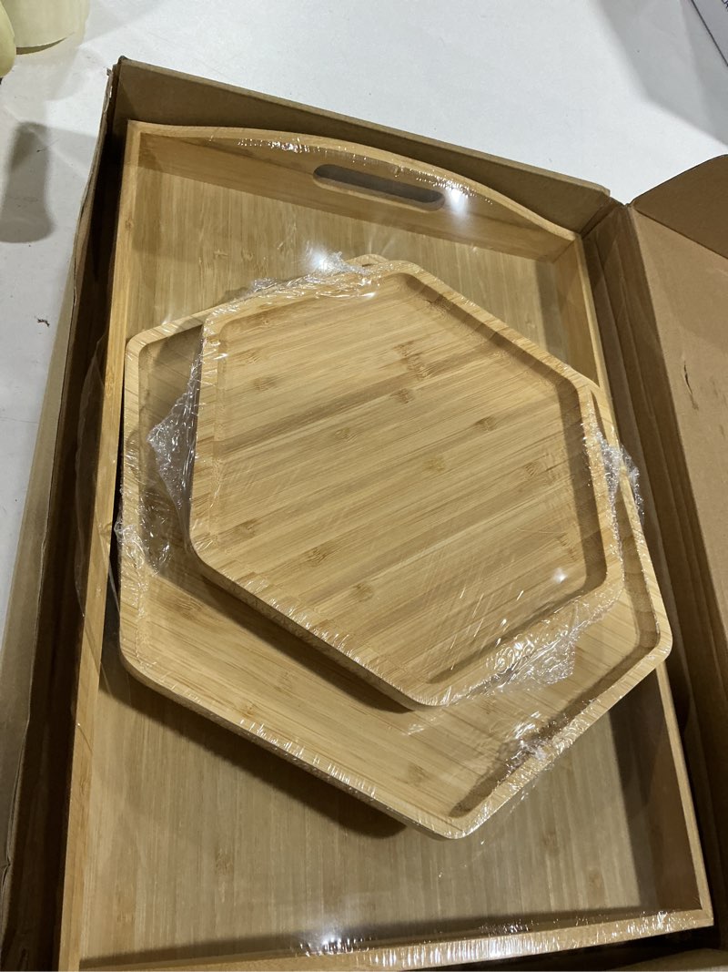 Condition photo showing Good Condition for bamboo serving trays dinner plates cheese board 16.5"x11.8"?42x30cm with handle, set includes 1xhexagon 12.5"(32cm)+1xhexagon 9.8"(25cm)+1xsquare 5.9"(15cm) plates for family dinner 2hexagon+1square