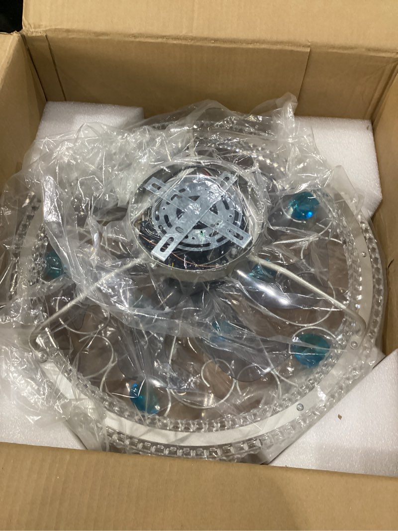 Condition photo showing New/Like New for low profile ceiling fan with lights 20" remote bladeless ceiling fan boho vintage flush mount ceiling fans with light 3 color smart led dimmable,handmade antique vintage blue crystal silver&blue