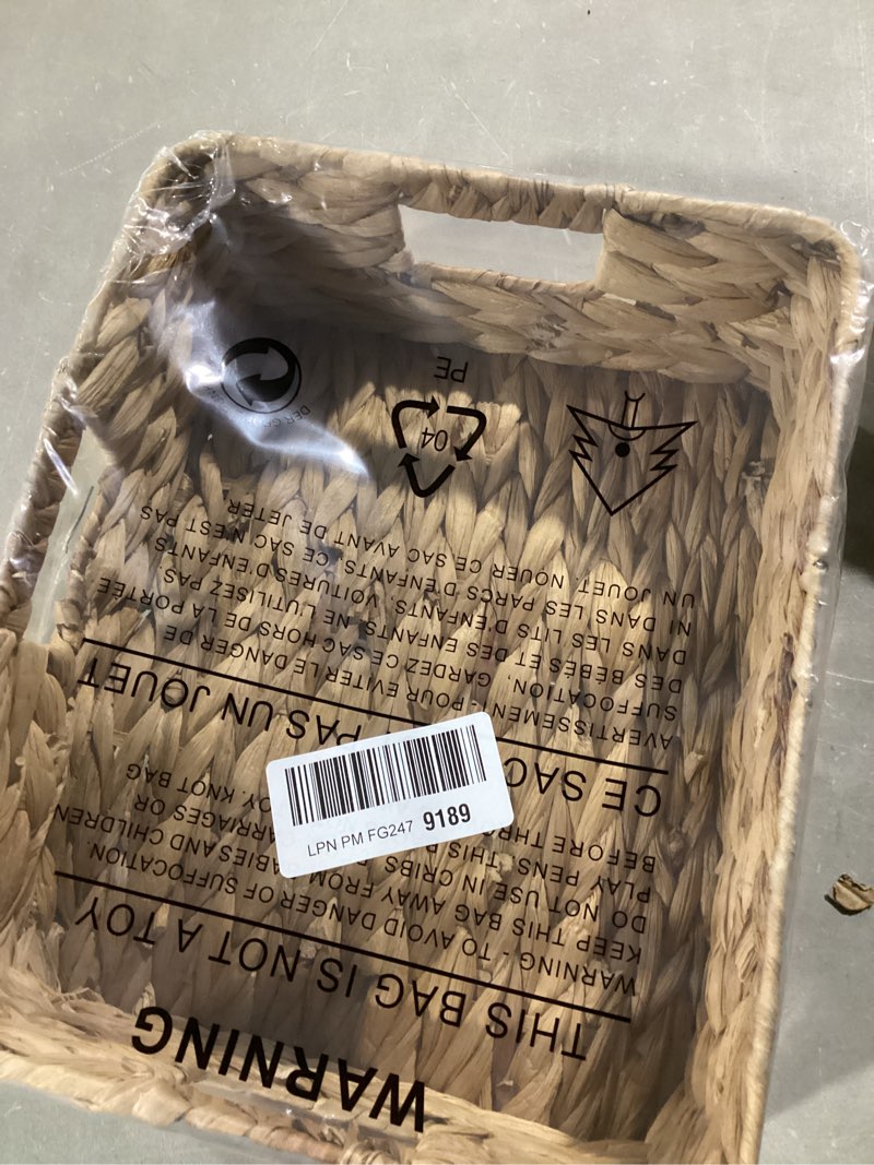 Condition photo showing As Is for Rectangular Water Hyacinth Storage Baskets, Wicker Storage Baskets for Shelves, Square Shallow Basket, Woven Drawer Basket With Handle, 13” L x 10.6” W x 4.5” H Medium - 13 in ×10.6 in × 4.5 in