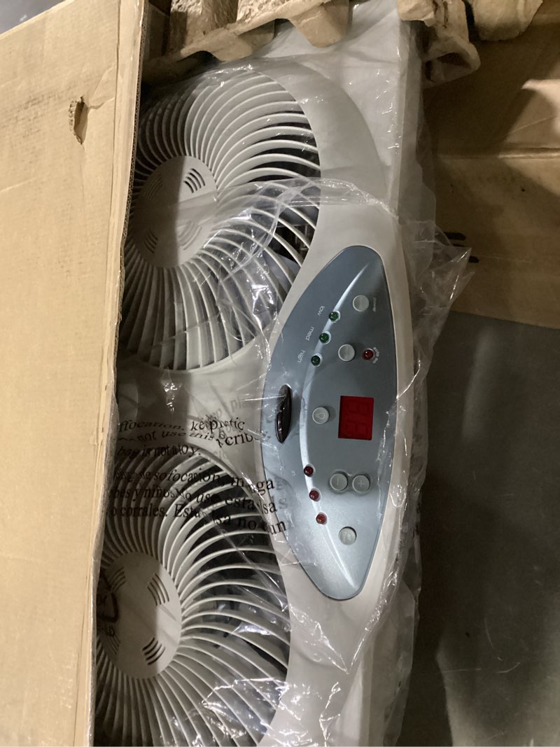 Condition photo showing New/Like New for bionaire window fan with reversible airflow blades – 3-speed settings, programmable thermostat, led display, remote control, fits 24–36" windows, no assembly required white 2 blades electronic control with lcd screen window fan