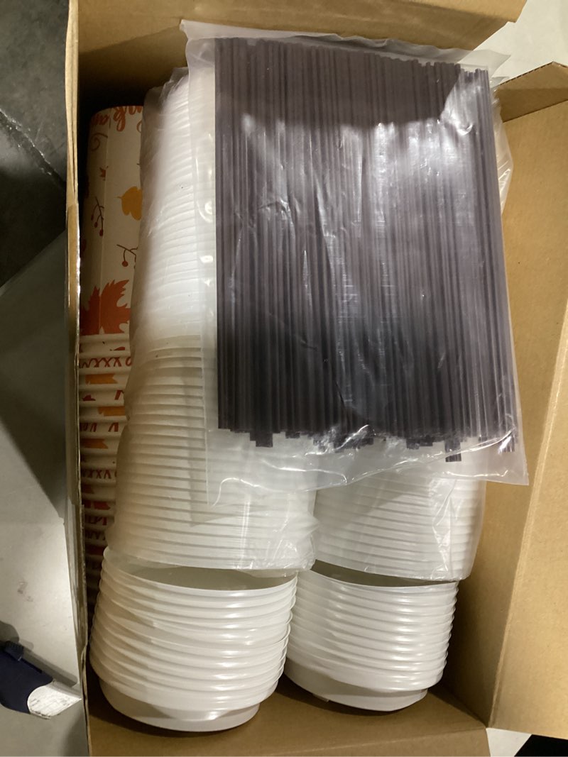 Condition photo showing Good Condition for Umigy 120 Pack Fall Paper Coffee Cups 16 oz Thanksgiving Paper Hot Cup Disposable with Lids and Stirrers Beverage Drinking Cup with 6 Designs for Juice Water Coffee Tea for Home Shops