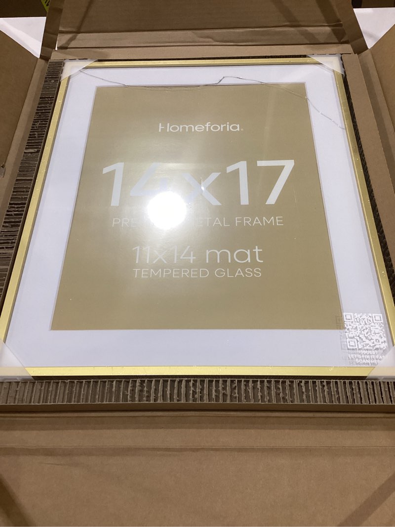 Condition photo showing Good Condition for homeforia 14x17 picture frame gold, high end metal 14x17 poster frames with mat 11x14 photo, 14 x 17 gold frames matted to 11 by 14 print, 17x14 thin hanging frames, tempered glass, wall kit, set of 1 champagne gold 14x17 1