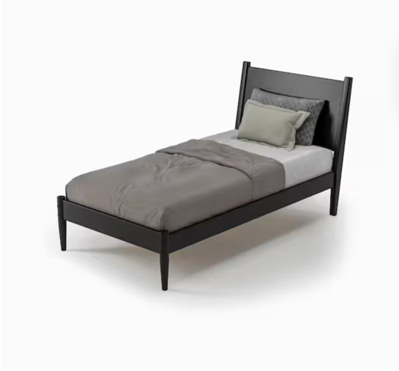 Mid-Century Black Solid Wood Frame, Twin Size, Panel Headboard, Platform Bed (Incomplete, Box 1/2 )