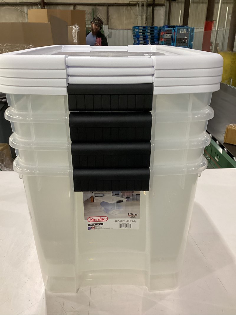 Condition photo showing New/Like New for sterilite 70 quart ultra latch storage plastic box with white lid & see-through base clear 4 pieces