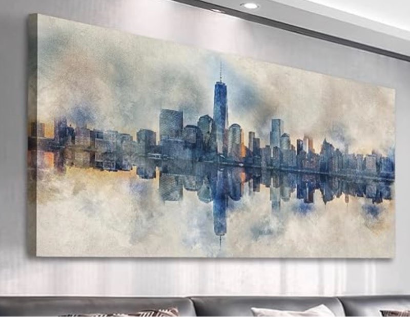 new york city canvas wall art navy blue pictures abstract paining city reflection in water canvas print modern city skyline canvas artwork for living room bedroom office wall decor 24" x 48"