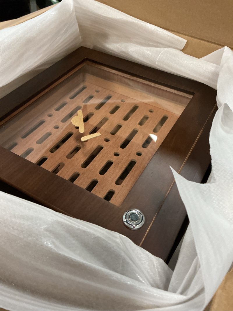 Condition photo showing Good Condition for XIFEI Cigar Humidor Cabinet with Adjustable LED Lighting, 3 Cedar Wood Drawer & Digital Hygrometer, 2 Humidifiers, Cigar Tube, Glass Top Desktop Humidor for 80-100 Cigars, for Men Dark Brown 3