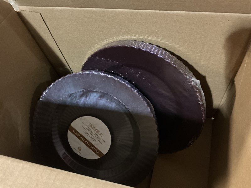 Condition photo showing As Is for  ( incomplete only 20 pcs ) Exquisite 80 Piece Plastic Disposable Plates Set For 40 Guests I 20 X 9 Inch & 40 X 11 Inch Disposable Plastic Plates | Color: Purple | Great for Weddings Parties And Formal Occasions Amethyst 80
