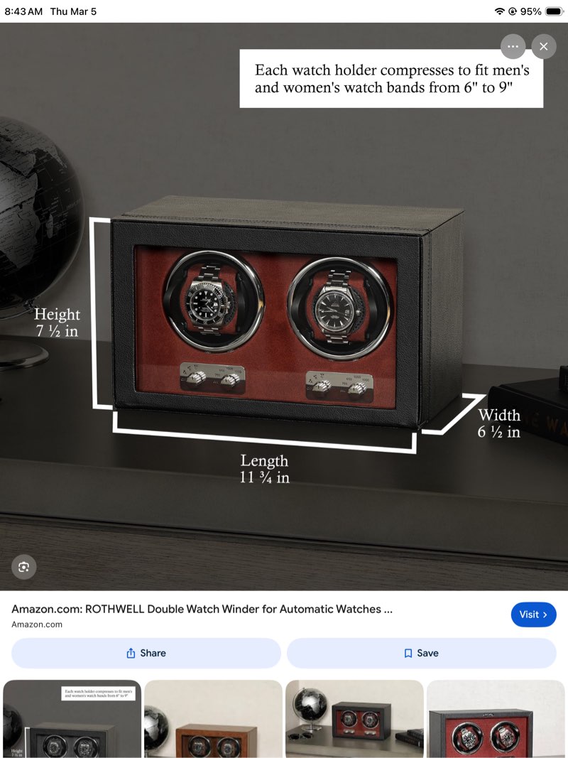 rothwell double watch winder for automatic watches with quiet motor with multiple speeds and rotatio