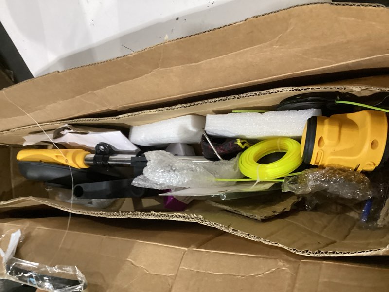 Condition photo showing As Is for weed wacker cordless for dewalt 20v max battery, 4-in-1 battery powered weed eater, string trimmer with 5 types of blades, for lawn, yard and bush trimming (no battery) yellow