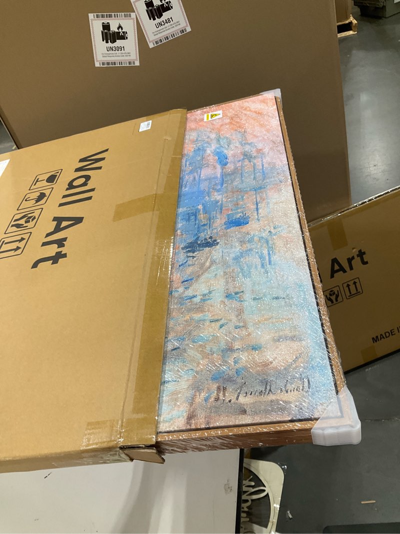 Condition photo showing New/Like New for large framed monet nature canvas wall art, vertical sunrise impressionist prints paintings, blue lake landscape decorative artwork for living room office dining room bedroom wall decor 24x36 inch 24"l x 36"w blue and orange