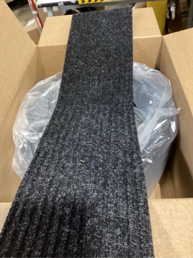 Condition photo showing Good Condition for kooteta stair treads for wooden steps indoor, 15 pack 8" x 30" non slip carpet stair treads with reusable adhesive for kids elders and dogs, surface polyester tpr backing stair runner rugs, dark grey 8" x 30" dark grey 15