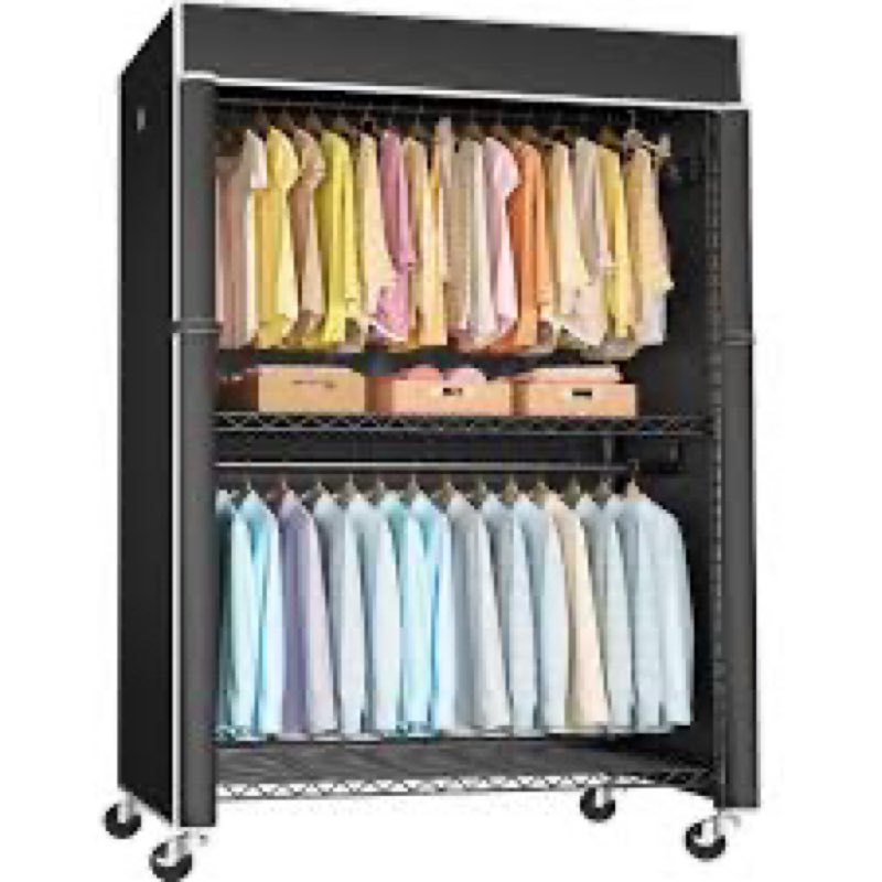 FUTASSI Black Clothing Rack with Black Cover, P1C Plus Rolling Closet with Wheels, Metal Garment Rac
