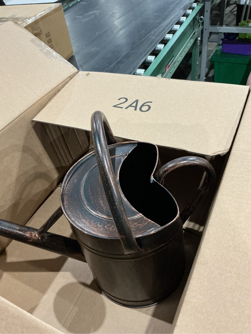 Condition photo showing As Is for similar to damaged panacea 84872 2 gallon brushed bronze watering can, brown