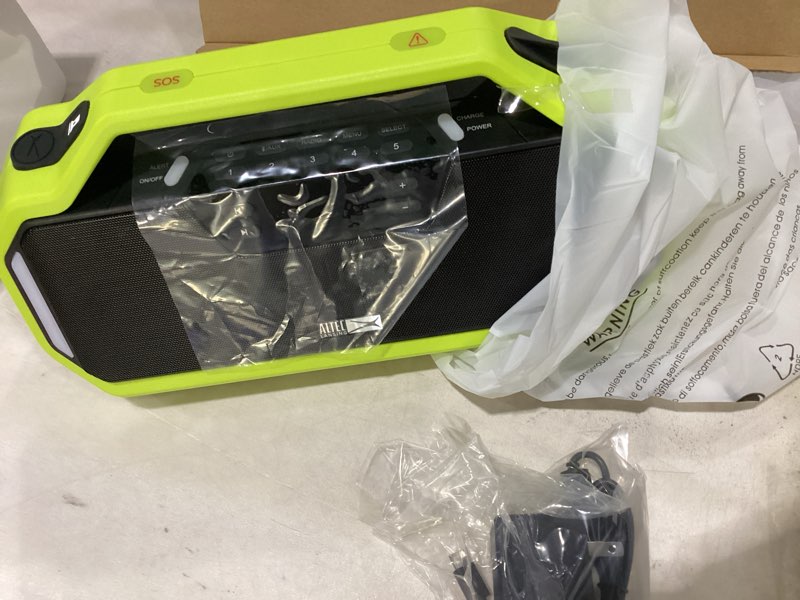 Condition photo showing As Is for altec lansing stormchaser rechargeable emergency radio, portable bluetooth speaker with noaa am fm for weather alerts, solar powered survival speaker with cellphone usb charger, led camping flashlight
