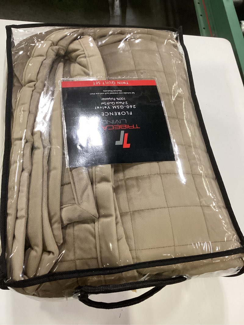 Condition photo showing New/Like New for tribeca living luxury velvet quilt twin size set - 260gsm ultra-soft oversized velvet bedspread comforter set with 1 sham, in florence taupe taupe twin