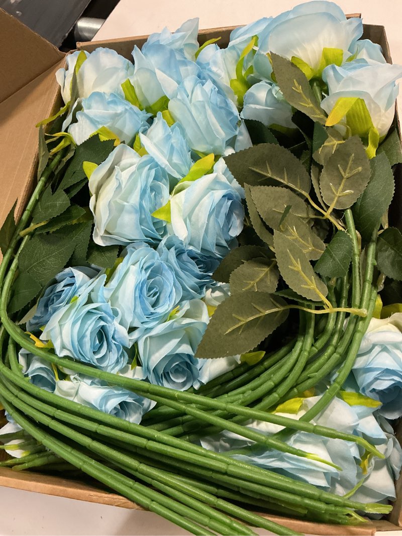 Condition photo showing As Is for 68 pcs ice blue artificial roses fake flowers,silk flowers with stems for diy wedding bridal shower centerpieces arrangements tables decorations ice blue 68