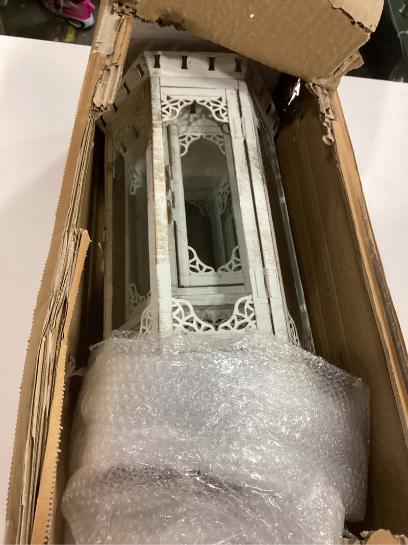 Condition photo showing Good Condition for JHY DESIGN Set of 2 Decorative Candle Lanterns 22"&17" H Outdoor Vintage Metal Candle Holder for Garden Living Room Indoor Parties Weddings Patio Home Decor(White with Gold Brush)