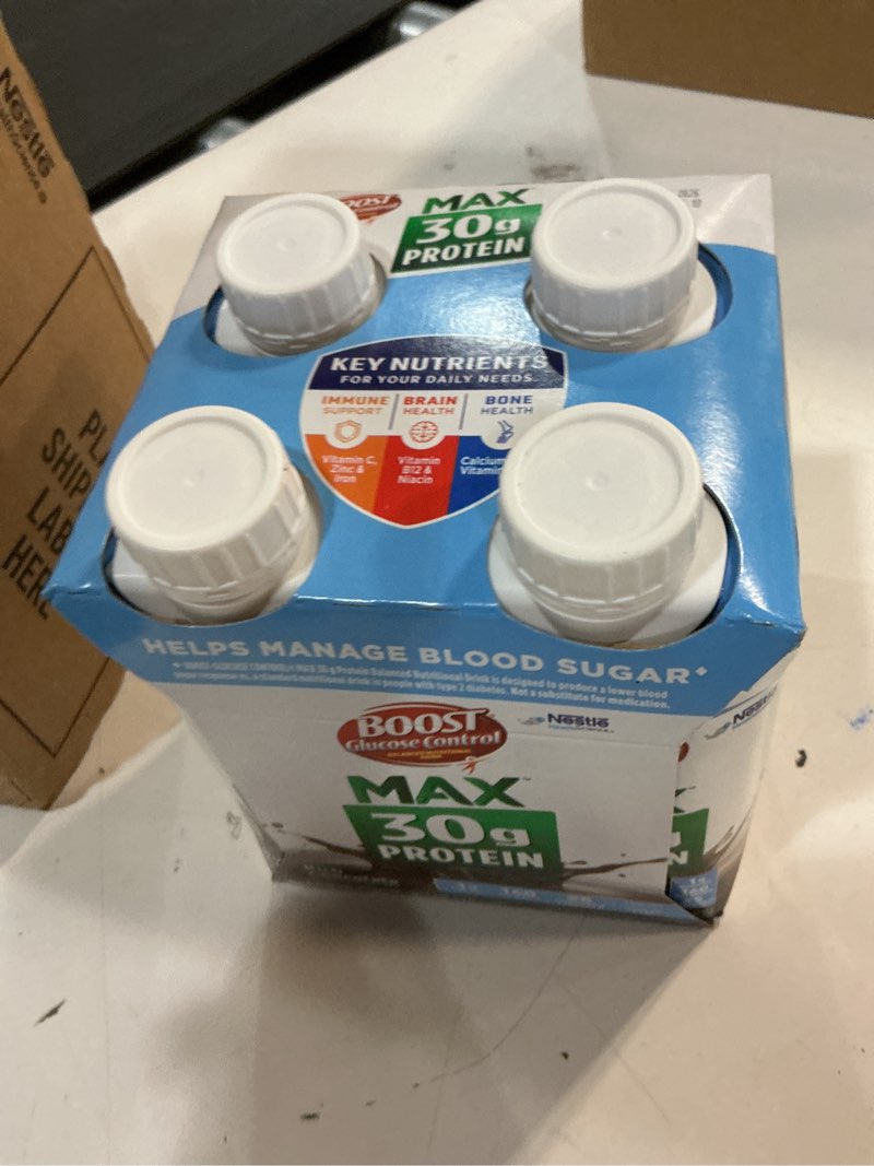Condition photo showing New/Like New for (BBD 23/10/26.   3 pack of 4 counts). Boost Rich Chocolate Non-Caffeinated Glucose Control Max Meal Replacement Drinks - 4pk/11 fl oz