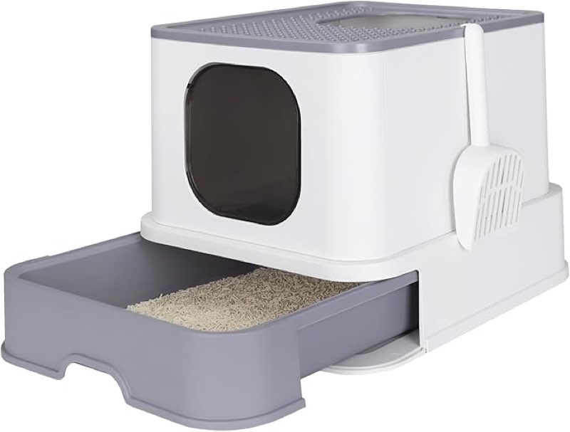 RIZZARI Large Foldable Cat Litter Box,Top Entry Cat Litter Box with Lid,Anti-Splshing Cat Kitty Litter Pan Easy Cleaning and Scoop (Upgrade,White)