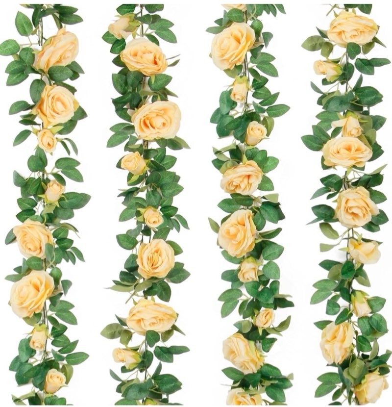 teldrassil 4pcs(26 ft) artificial rose vine fake flower garland fake silk rose hanging vine for wedding party background arch garden background decoration (champagne)
