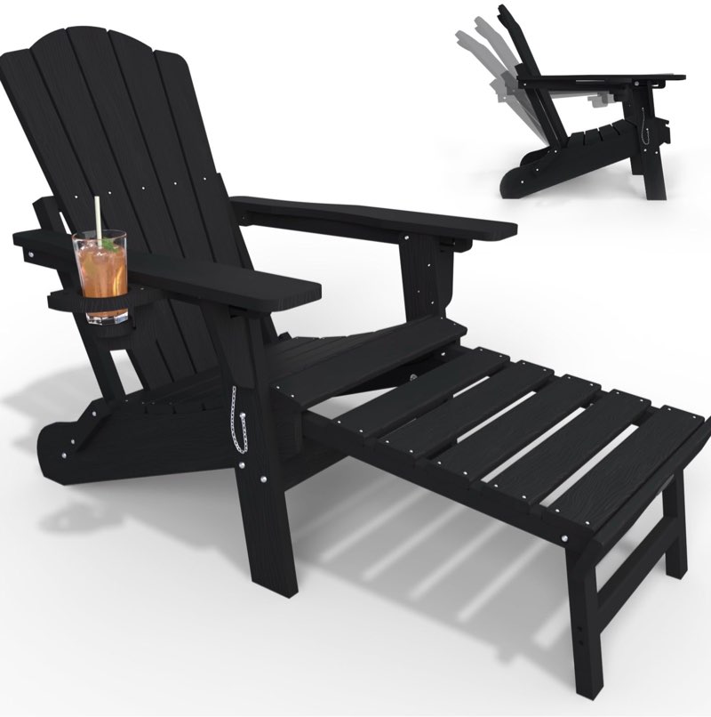 thoeoe folding adjustable adirondack chairs with ottoman & 1 cup holders, hdep multifunctional adirondack chair with footrest,black