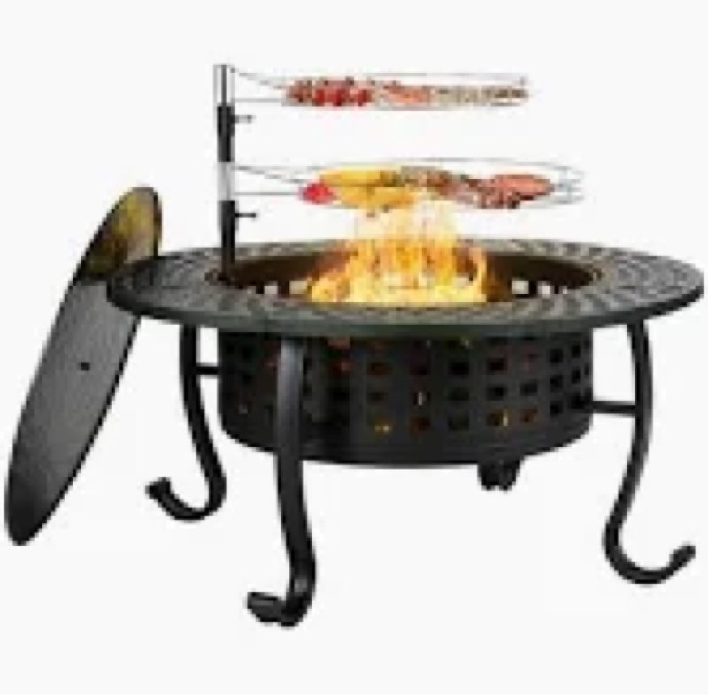37" Outdoor Fire Pit, 3 in 1 Large Wood Burning Fire Pits with 2 Removable Grills, Lid, Charcoal Grate and Fire Poker, Metal Round Table
