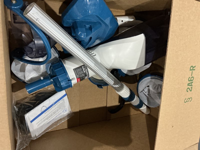 Condition photo showing As Is for pool vacuum for above ground pool with a telescopic pole, running time up to 1h, handheld rechargeable pool cleaner with powerful suction up to 18.5 gallons/min, ideal for leaves & debris, pc10 pc10 blue