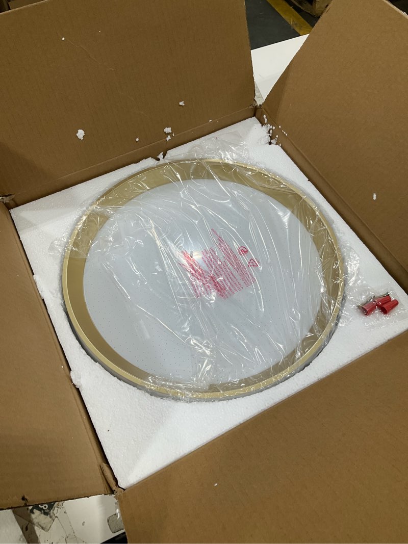 Condition photo showing Good Condition for ANYLOVE 10 Inch Modern Flush Mount Ceiling Lights,White Gold Plastic Round Ceiling Light,Dimmable 3000K,3500K,4000K,5000K,6000K,for Living Room,Dining Room,Bedroom,Kitchen (White and Gold, 15 Inch) White and Gold 15 Inch