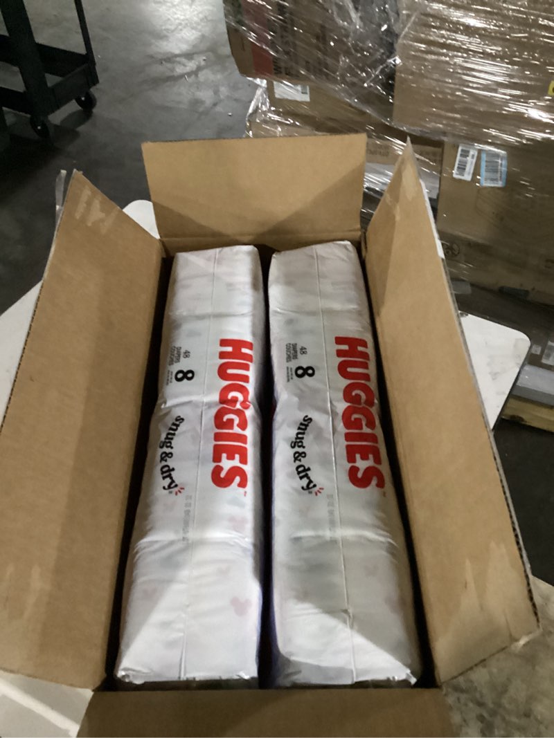 Condition photo showing Good Condition for huggies size 8 diapers, snug & dry baby diapers, size 8 (46+ lbs), 96 count (2 packs of 48), packaging may vary size 8 96
