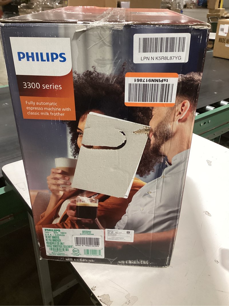 Condition photo showing New/Like New for Philips 3300 Series Fully Automatic Espresso Machine with integrated milk frother and grinder, 5 Hot & Iced Coffee Pre-Sets, 40% Quieter SilentBrew, 15-Bar Pressure, Glossy Black (EP3326/90) Black Chrome 9.7"D x 17"W x 14.6"H