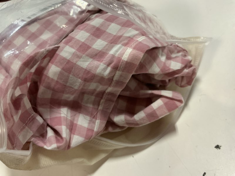 Condition photo showing Good Condition for silnuo vintage pink/white plaid bed skirt washed cotton vintage gingham checkered dust ruffle queen size 18" bedding(1 bed skirt only) queen - 18" drop vintage pink