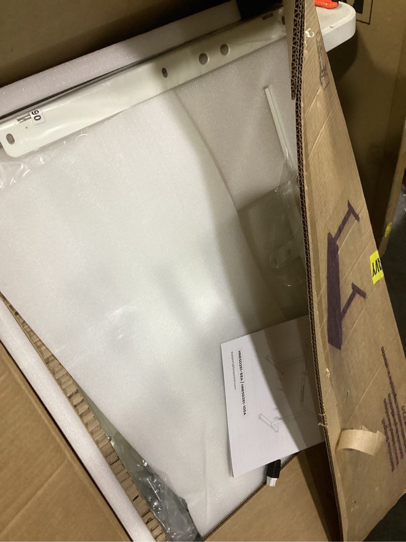 Condition photo showing As Is for huanuo glass standing desk with drawers, 35 x 20 inch electric adjustable height desk, quick install one-piece tabletop with usb charging ports, white white 35" x 20"