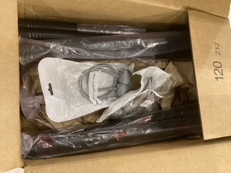 Condition photo showing As Is for Jilron No-Drill Room Divider Curtains Set: Includes 106" W x 96" L Black Curtain 2-Panel & Adjustabl